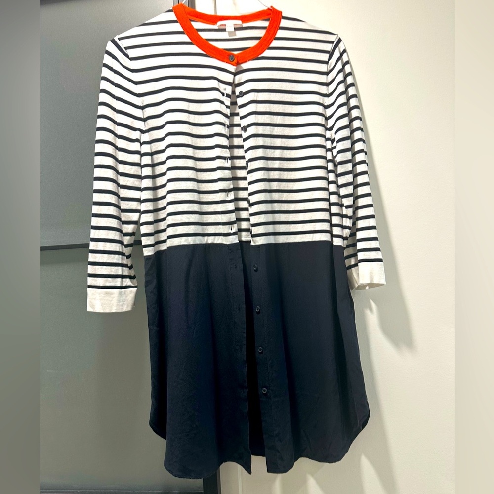Striped Black & White Button-Front Dress with Orange Trim